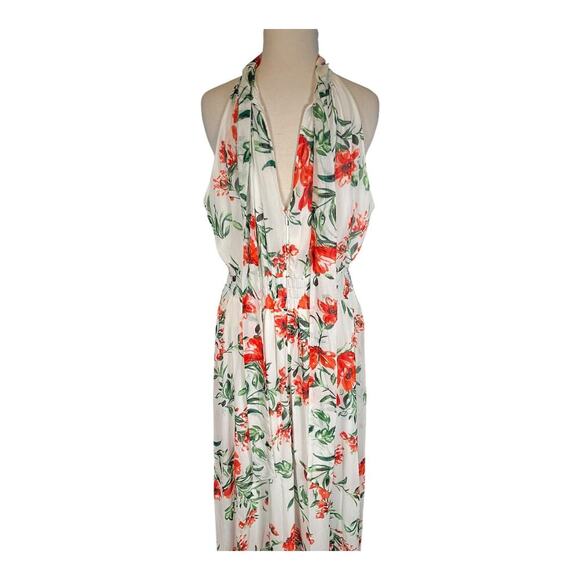 Calvin Klein Floral Print A-Line Halter Dress Chiffon Smocked Waist Tie at Back - Picture 9 of 14